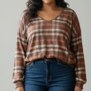 Waffle Knit Stripe V-Neck Long Sleeve Top Size 18/20W Cinched Waist & Ruffle Hem